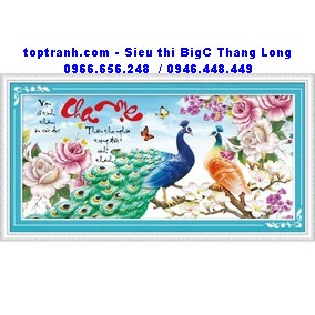 Tranh thêu cha mẹ và hoa mẫu đơn 